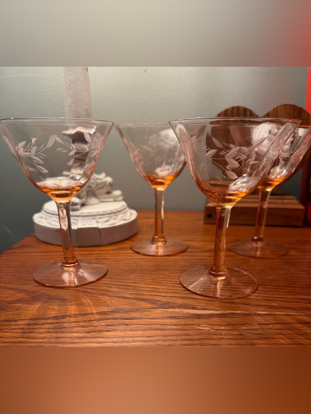 Set of 4 Vintage Etched Pink Depression Glass Stemmed Cocktail Glasses
